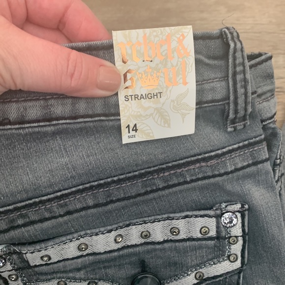Grey Embellished Rebel & Soul 14 Straight Leg Stretch Jeans 14 - Picture 4 of 8